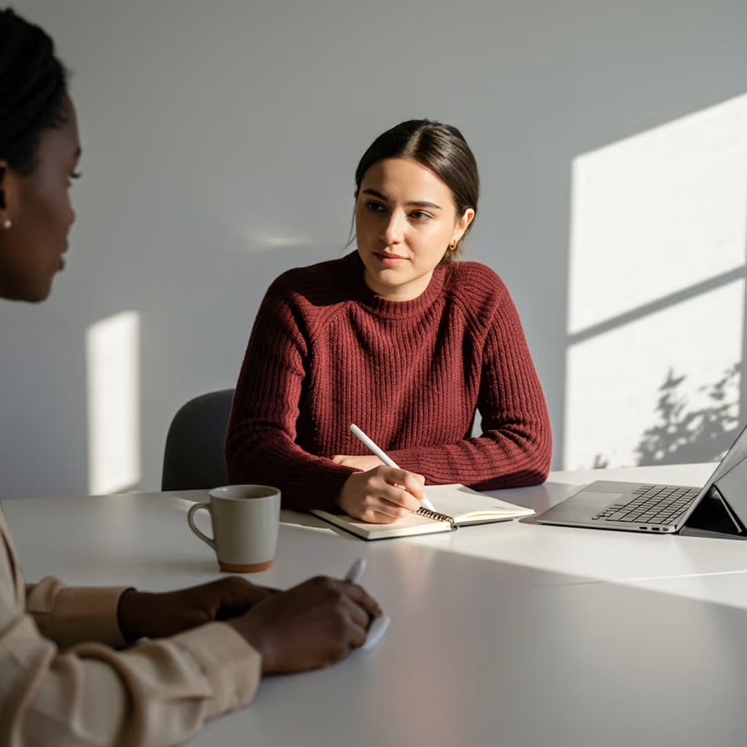 Två kvinnor sitter vid ett bord med anteckningsbok, penna, kaffemugg och bärbar dator medan de har ett samtal i ett solbelyst rum.