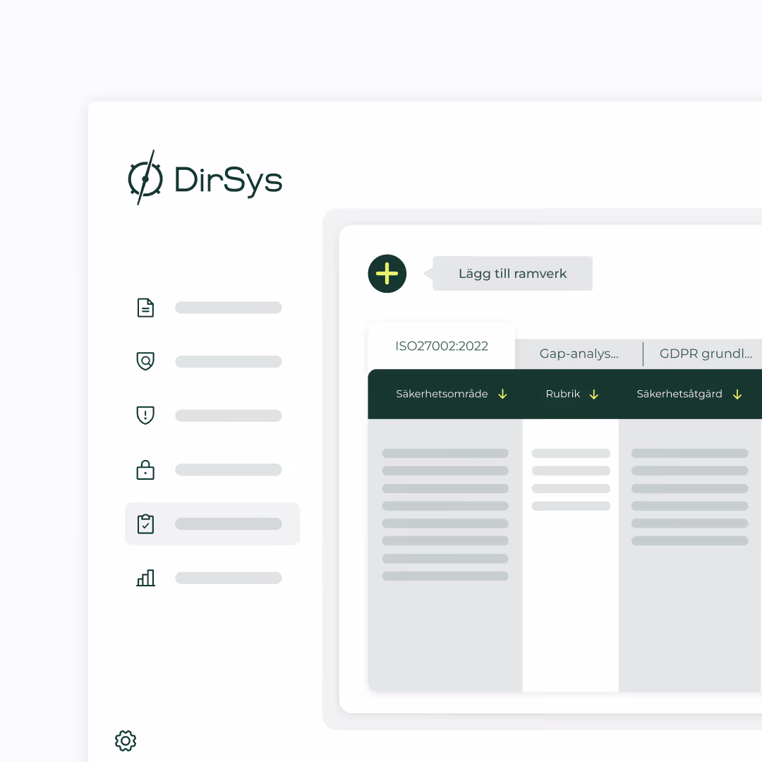 Skärmbild av DirSys-program med meny till vänster och tabell för ramverkshantering med kolumner för säkerhetsområde, rubrik och säkerhetsåtgärd.