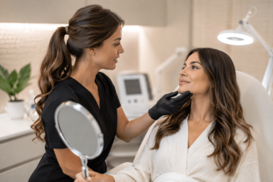 Woman receiving laser skin treatment consultation at a medical spa in Austin, Texas to address sun damage, fine lines, and skin texture concerns.