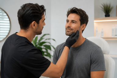Man consulting with an aesthetic provider in Austin, Texas about personalized male aesthetic treatments, including wrinkle reduction and facial rejuvenation.