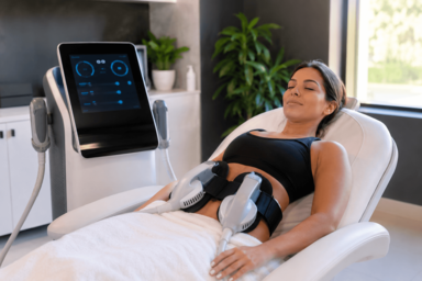 A provider performing Emsculpt Neo body contouring treatment on a patient at a medical spa in Austin, Texas to build muscle and reduce stubborn fat.