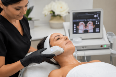 Woman receiving an Ultherapy skin tightening treatment at a medical spa in Austin, Texas during a non-invasive facial rejuvenation consultation.