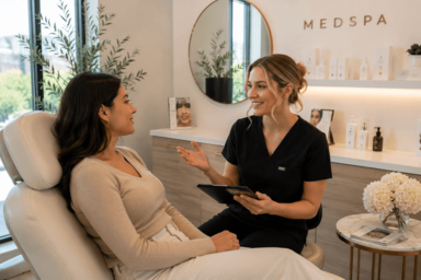 Client consultation at a medical spa in Austin, Texas discussing skin and wellness treatment options