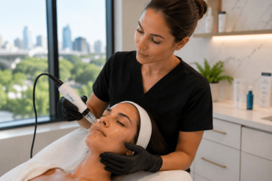 Woman receiving CoolPeel fractional laser treatment for sun damaged skin at Austin, Texas medspa