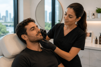 Male patient consulting with a provider about aesthetics for men treatments at a medspa in Austin, Texas