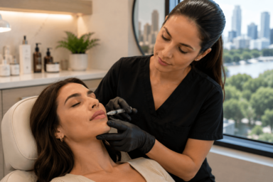 Injector discussing lip filler cost and treatment plan with a patient at a med spa in Austin, Texas