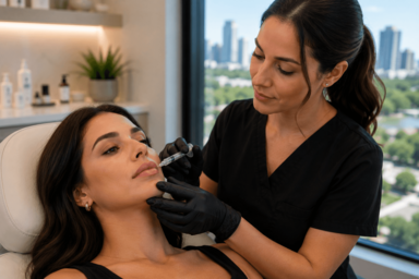 Provider assessing lip shape and symmetry during a lip injections consultation in Austin, Texas