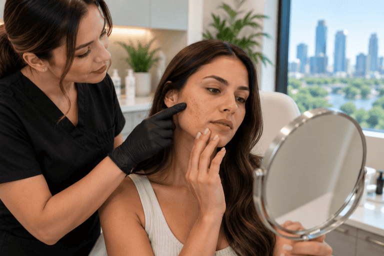 Esthetician performing SkinPen microneedling treatment on a client's cheek at a med spa in Austin, Texas