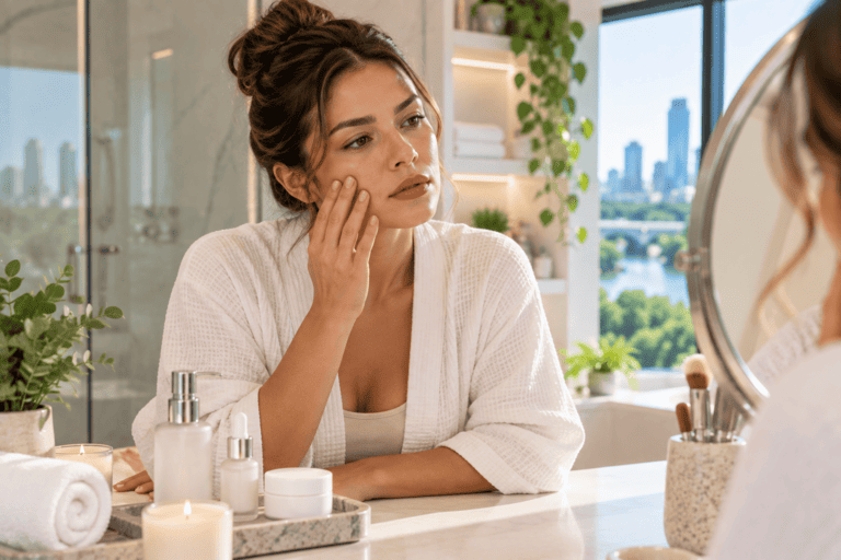 Woman with healthy glowing skin after a skin wellness facial at a medical spa in Austin, Texas