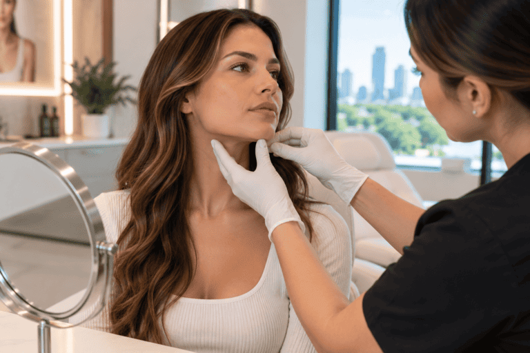 Side profile showing defined jawline and cheek contour after non-surgical face contour treatment in Austin, Texas