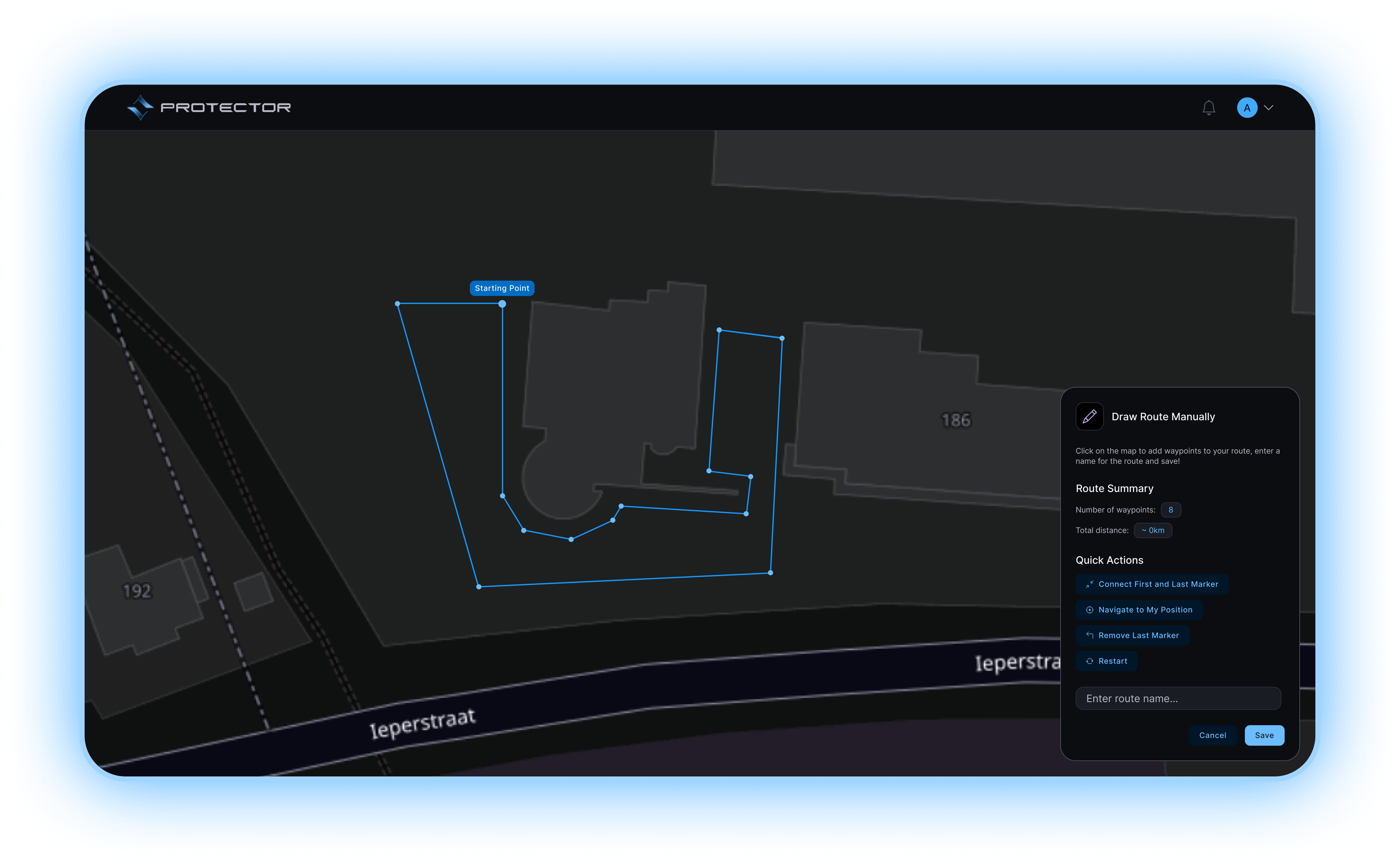 Digital map interface showing a manually drawn route with eight waypoints near buildings numbered 186 and 192, with options to connect markers, navigate position, remove markers, restart, and save the route.