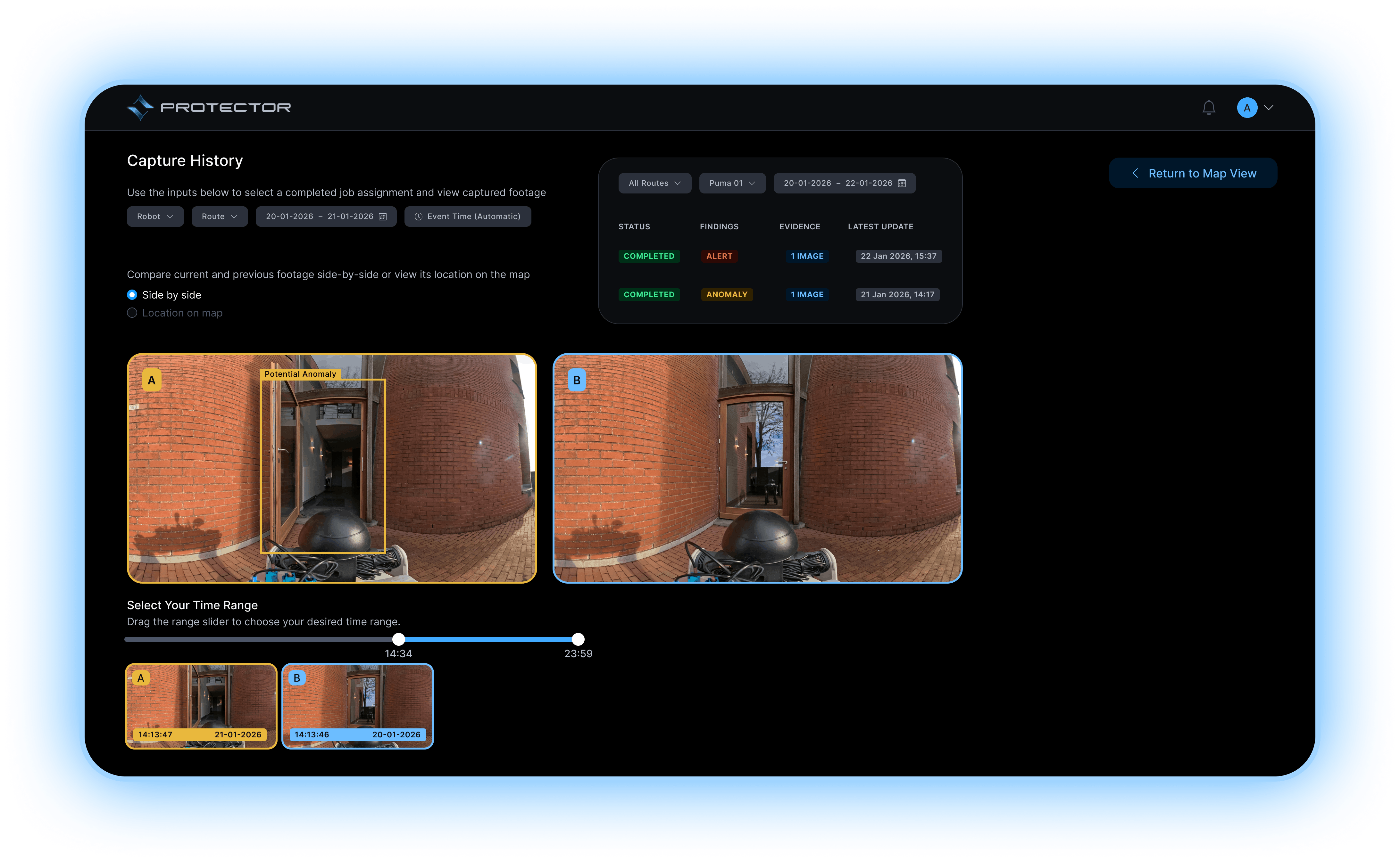Security interface showing side-by-side comparison of two camera views of a brick building entrance, one marked with a potential anomaly alert, and a timeline slider to select time range.
