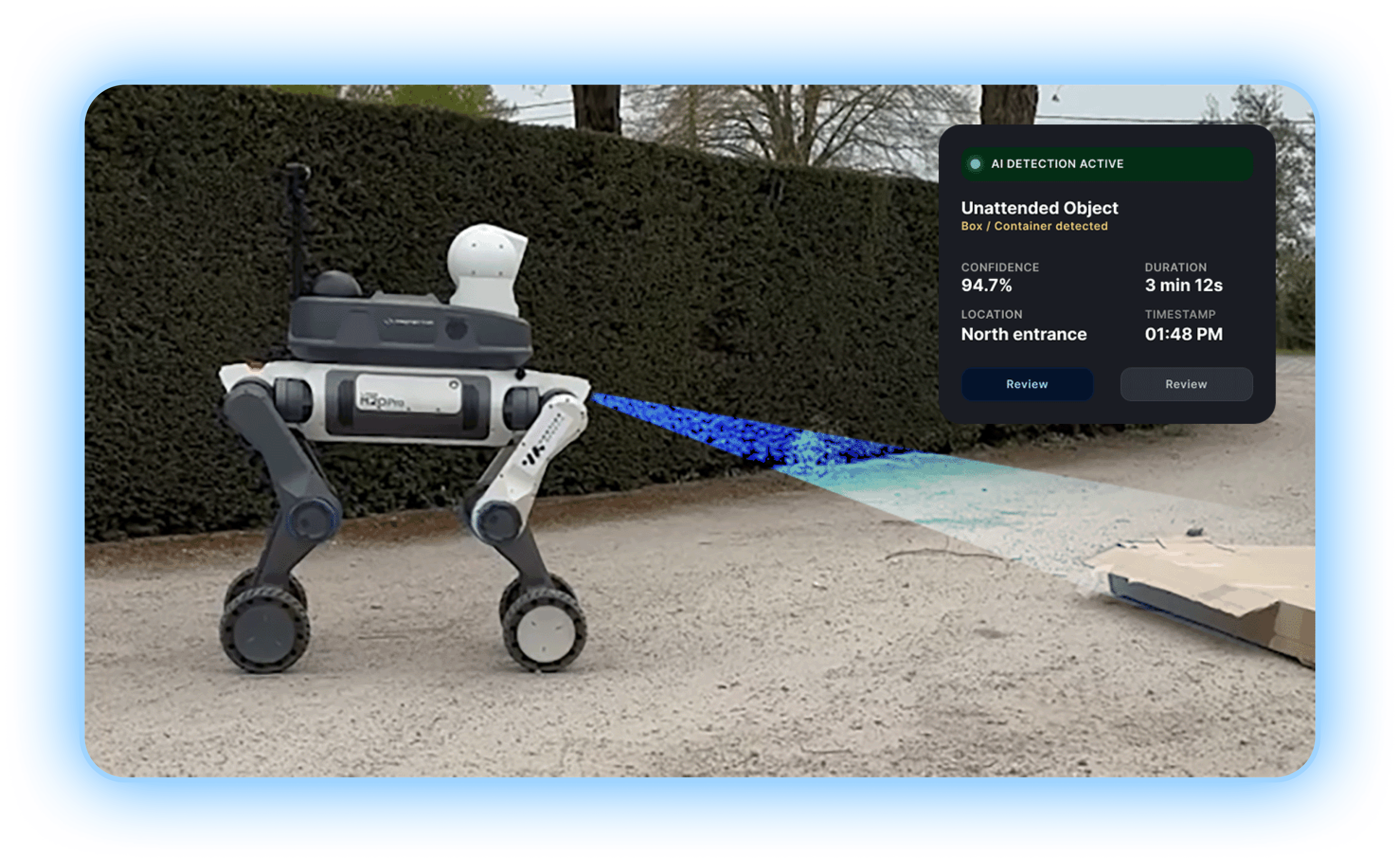 Four-legged robot with wheels scanning an unattended cardboard box on a gravel path near a hedge, showing AI detection alert overlay.