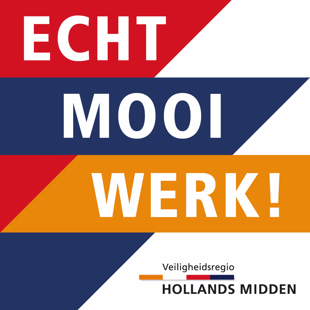 Kleurrijk logo met tekst "ECHT MOOI WERK!" in witte letters op rode, blauwe en oranje achtergrond van Veiligheidsregio Hollands Midden.