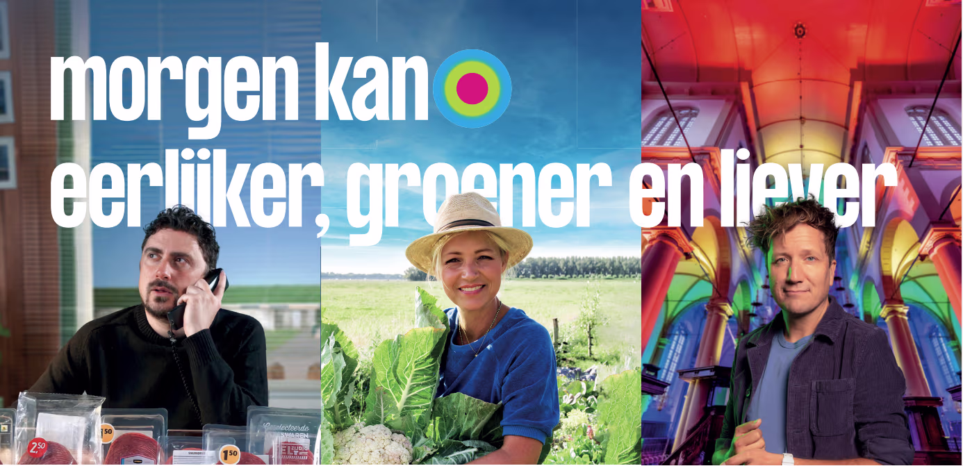 Drie werknemers van KRO-NCRV: een man aan telefoon, vrouw in tuin met groenten, en man in kleurrijke studio.