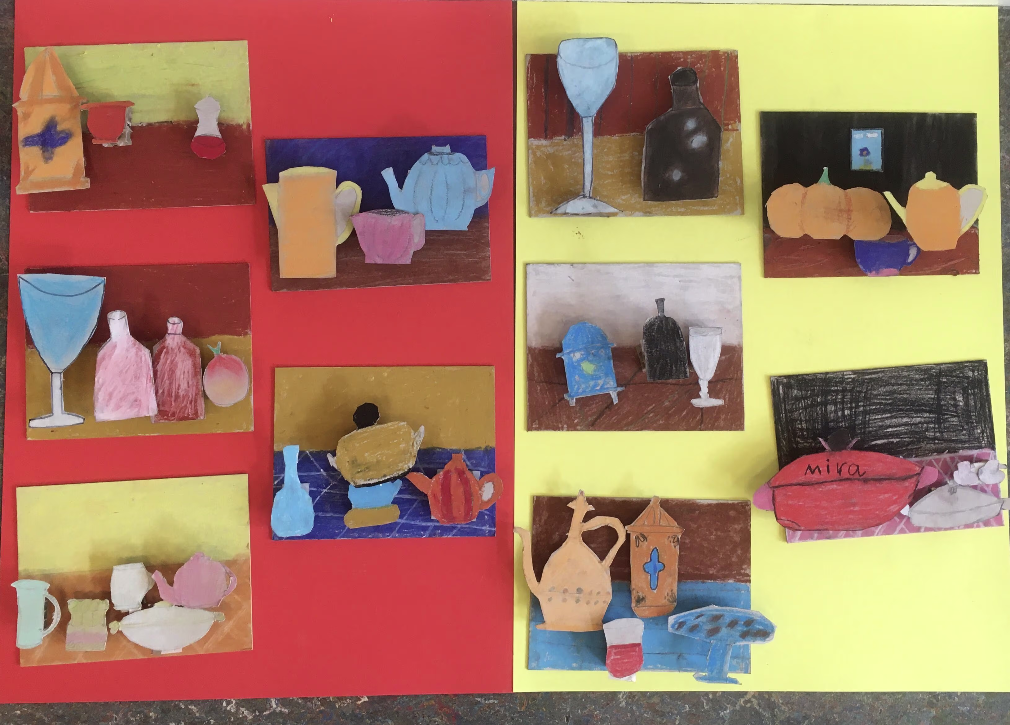 Een collage van kindertekeningen met stillevens van voorwerpen zoals vazen, glazen, flessen en fruit op rode en gele achtergrond.