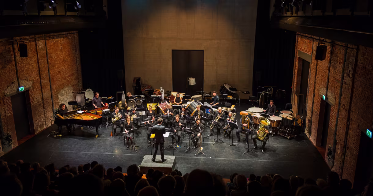 Een orkest geeft een concert op het podium van een theater, gezien vanuit het publiek in een gevulde zaal.