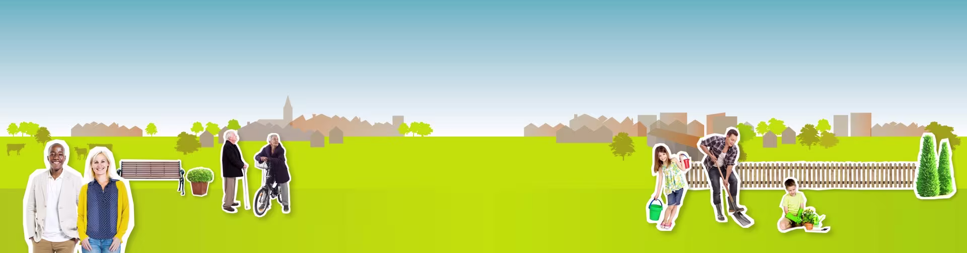 Illustratie van mensen in een groen park met stadsgezicht op de achtergrond, inclusief gezinnen, fietsers en spelende kinderen.