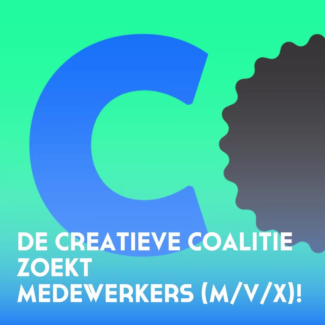 Logo van De Creatieve Coalitie met grote letter C en tekst "zoekt medewerkers (m/v/x)!" op groene achtergrond.