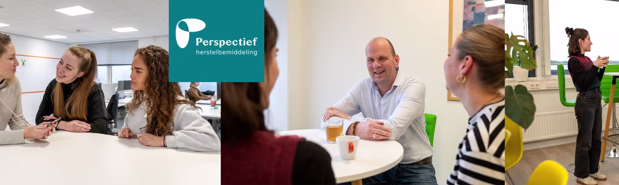 Medewerkers van Slachtofferhulp Nederland in gesprek in een moderne kantooromgeving met groene accenten.