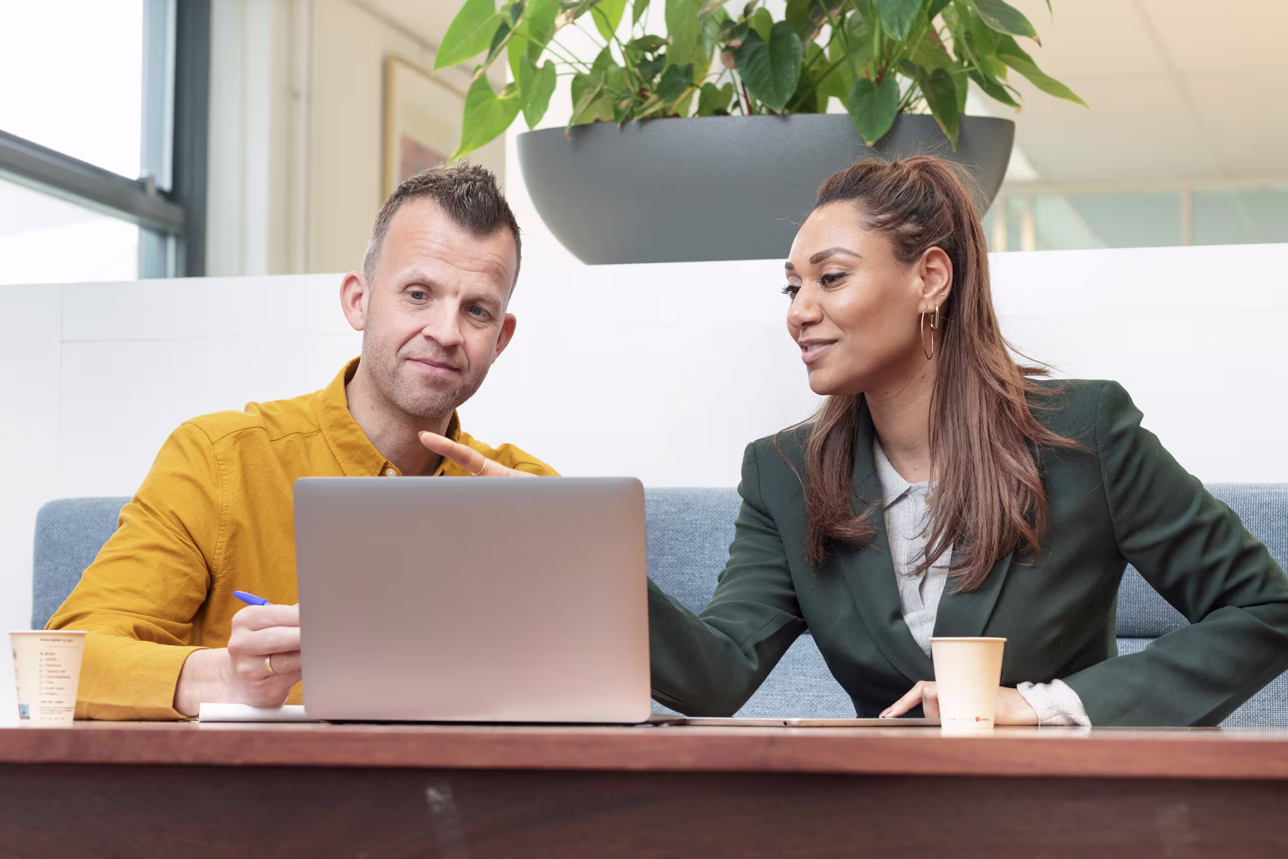 Twee collega's werken samen achter een laptop aan een tafel in een modern kantoor met plant op de achtergrond.