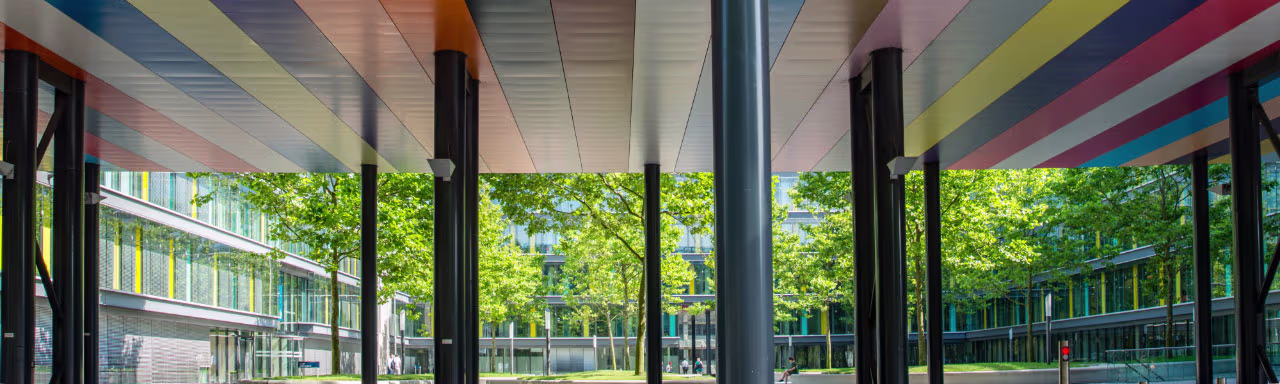 Kleurrijk plafond van modern kantoorgebouw met uitzicht op groene bomen en andere gebouwen door grote ramen.