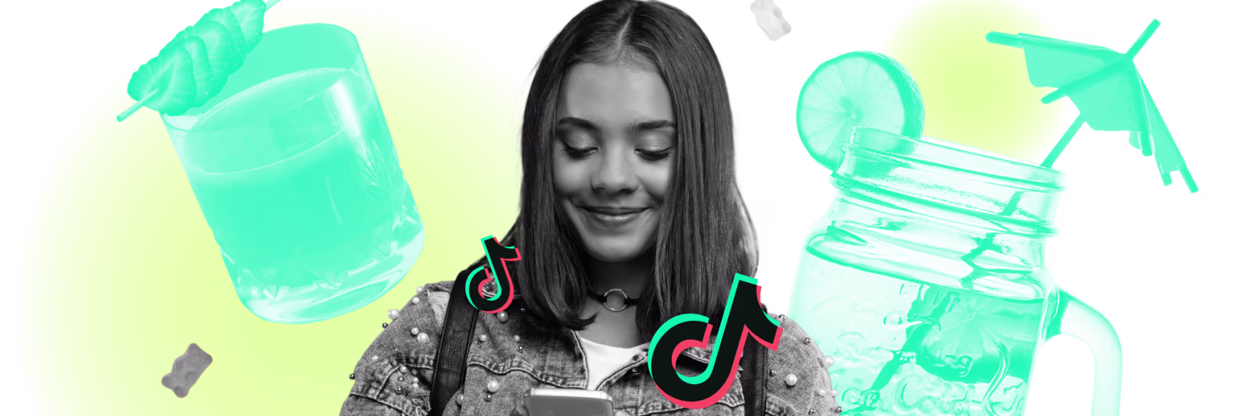 Jonge vrouw met smartphone omringd door groene illustraties van drankjes en TikTok-logo's in een moderne collage.
