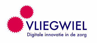 Logo van Vliegwiel met rode tandwielen en blauwe tekst "Digitale innovatie in de zorg"