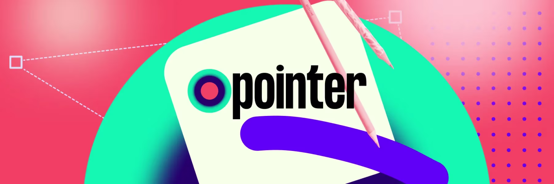 Kleurrijk grafisch ontwerp met het Pointer logo op een smartphone tegen een moderne geometrische achtergrond.