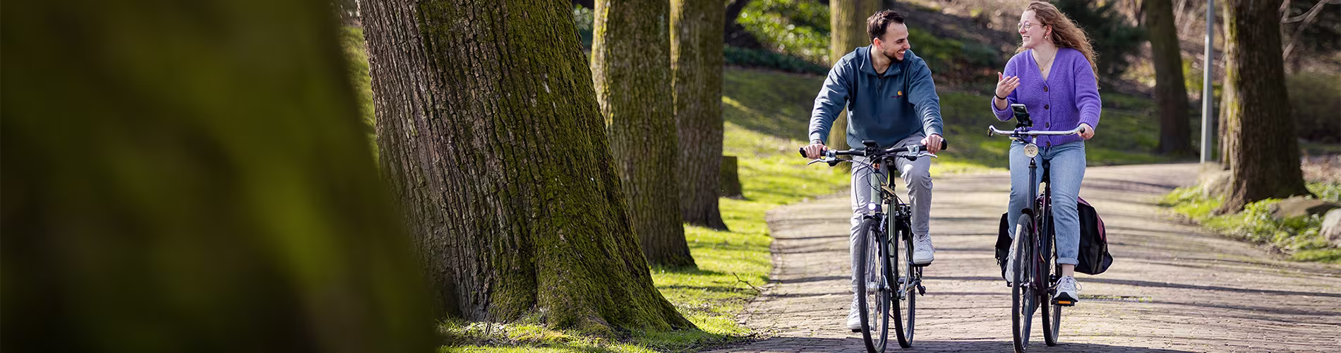 Twee mensen fietsen ontspannen door een park met grote bomen langs het pad.