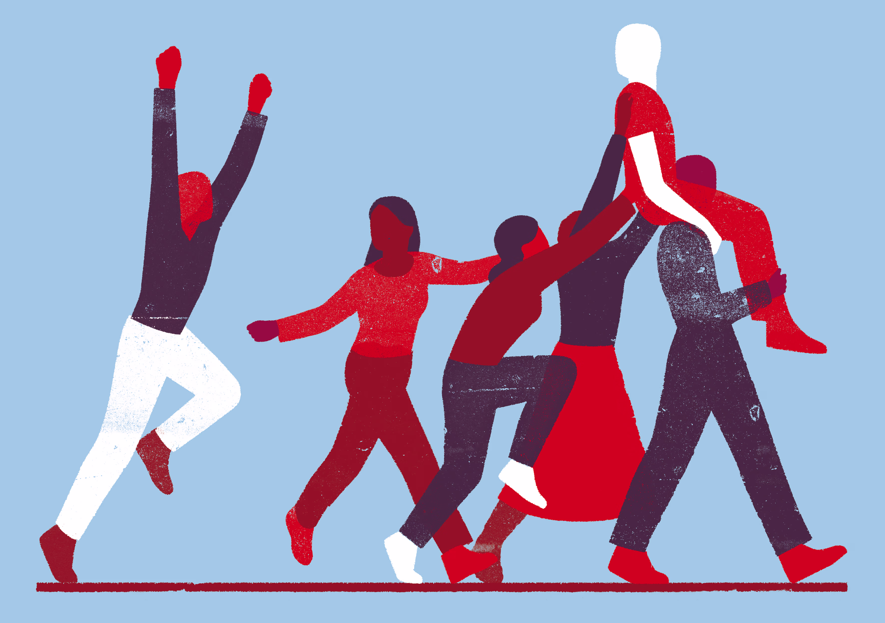 Groep mensen in rood, wit en donkerblauw die elkaar helpen en ondersteunen, sommigen tillen anderen op.