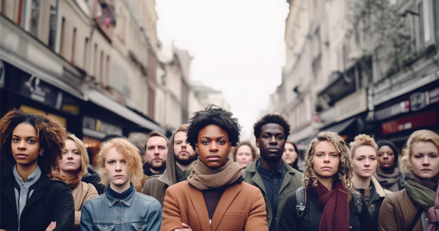 Een diverse groep jongeren staat samen op een drukke winkelstraat en kijkt serieus in de camera.