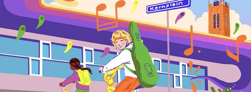 Kleurrijke illustratie van twee kinderen met rugzakken die hand in hand lopen bij een modern gebouw met Kerklein straatnaambord.