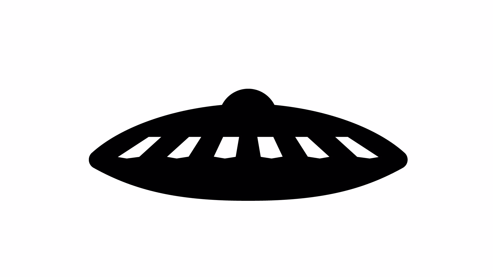 Zwarte silhouet van een UFO of vliegende schotel met verlichte ramen tegen een witte achtergrond.