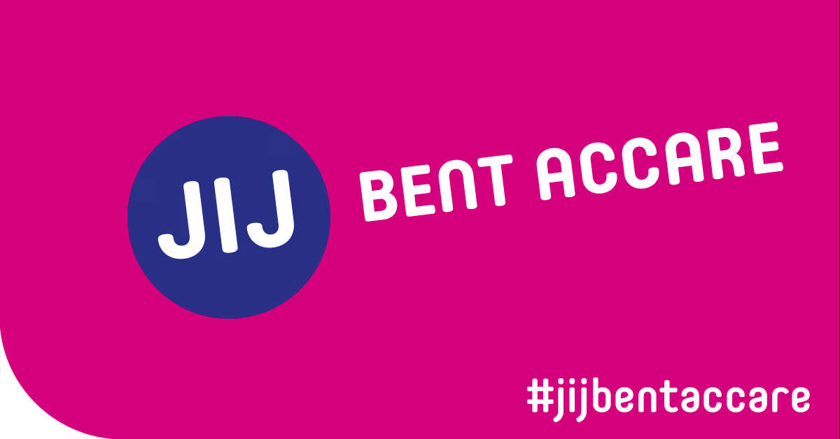 Logo van Accare met tekst "JIJ BENT ACCARE" op roze achtergrond met hashtag #jijbentaccare.