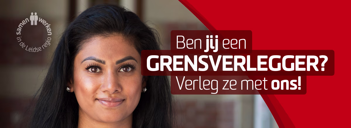 Vrouw met donker haar kijkt vriendelijk in de camera, met tekst over grensverlегgers bij Gemeente Leiden.