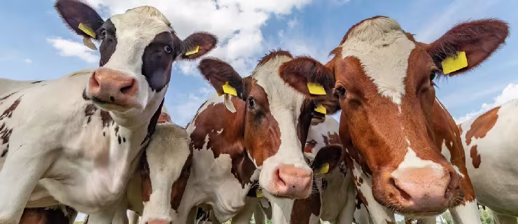 Groep nieuwsgierige koeien met gele oormarkeringen kijkt direct in de camera tegen een blauwe hemel met wolken.