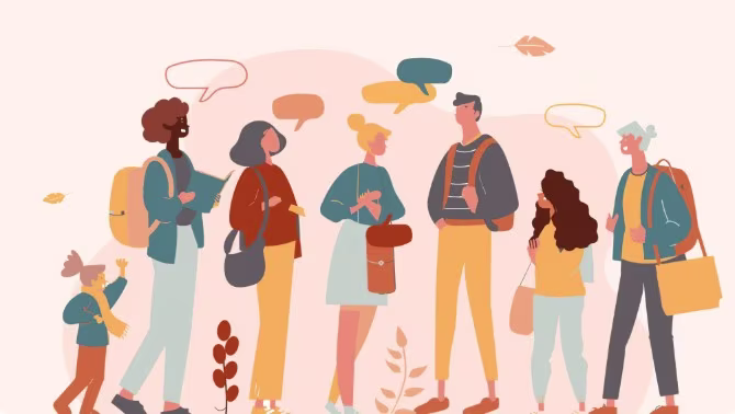 Diverse groep mensen in gesprek met elkaar, met praatballonnen erboven, in warme kleuren geïllustreerd.