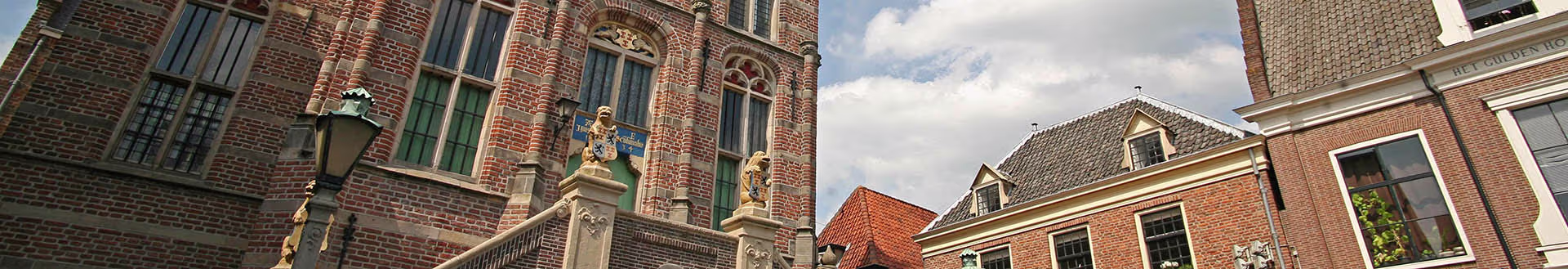 Historische bakstenen gebouwen met groene luiken en oranje daken in het centrum van Culemborg onder een bewolkte hemel.