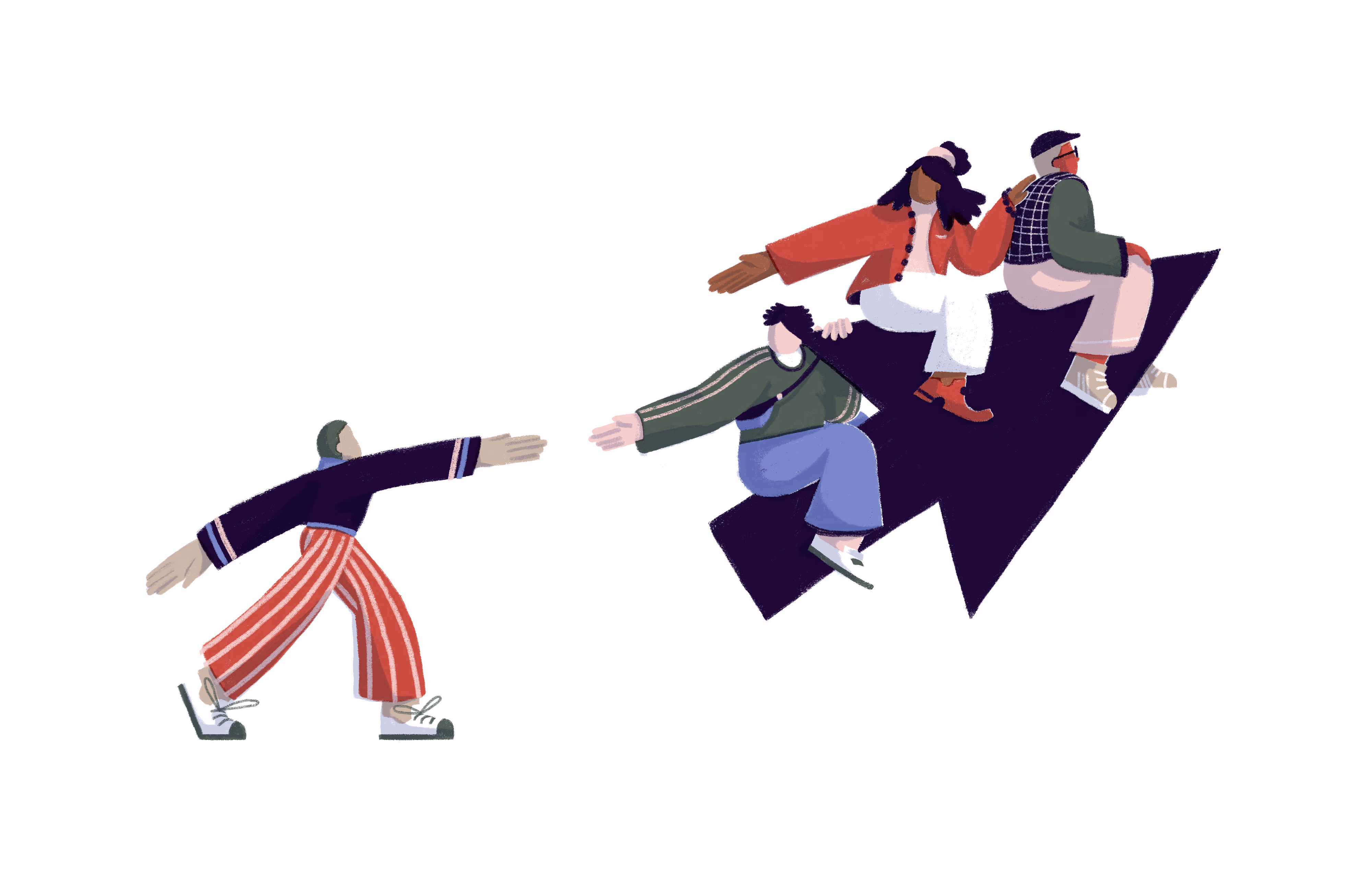 Een persoon trekt een groep van vier mensen vooruit op een grote zwarte pijl, symboliserend teamwork en vooruitgang.