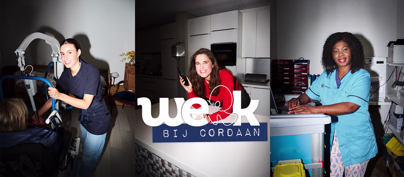 Drie zorgmedewerkers van Cordaan aan het werk: bij patiëntenzorg, administratie en in een moderne keuken.