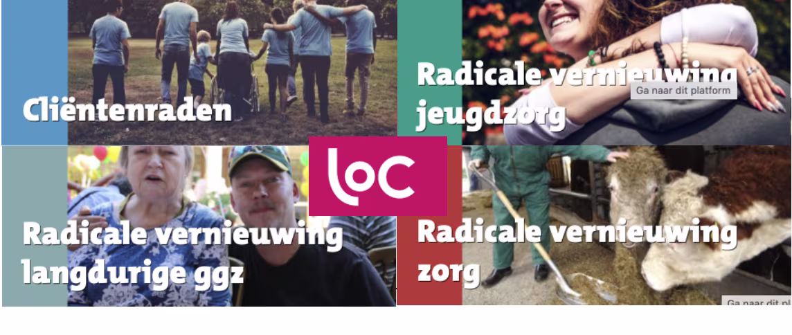Collage met vier foto's van LOC medewerkers: cliëntenraden, jeugdzorg, langdurige ggz en zorgverlening met dieren.