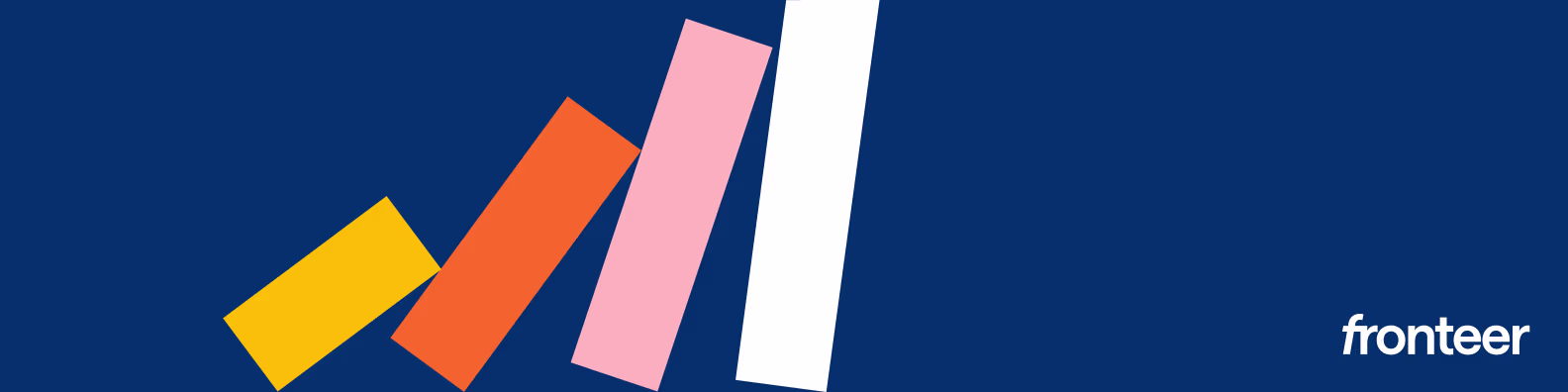 Vier gekleurde balken in oplopende hoogte op donkerblauwe achtergrond met het logo van Fronteer rechtsonder.