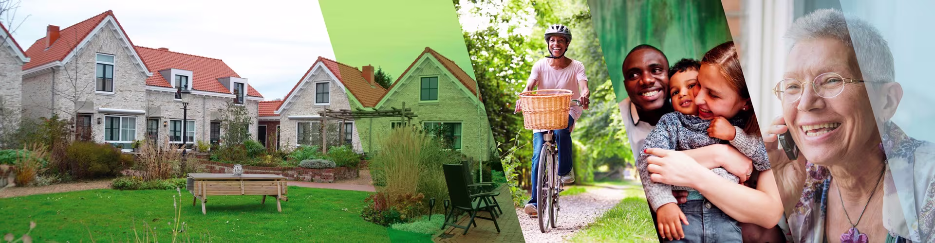 Collage met huizen, groene omgeving, fietser en diverse bewoners die glimlachen - sfeerbeeld van woningcorporatie Welwonen.