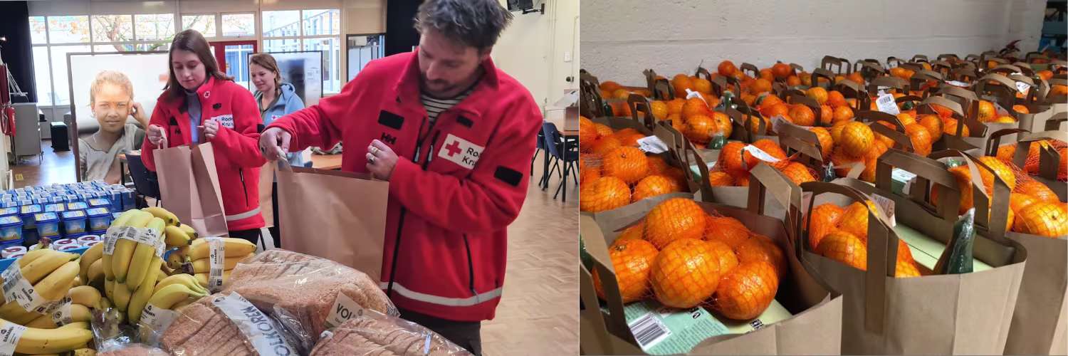 Rode Kruis vrijwilligers pakken voedselpakketten in met brood en fruit voor hulpbehoevenden.