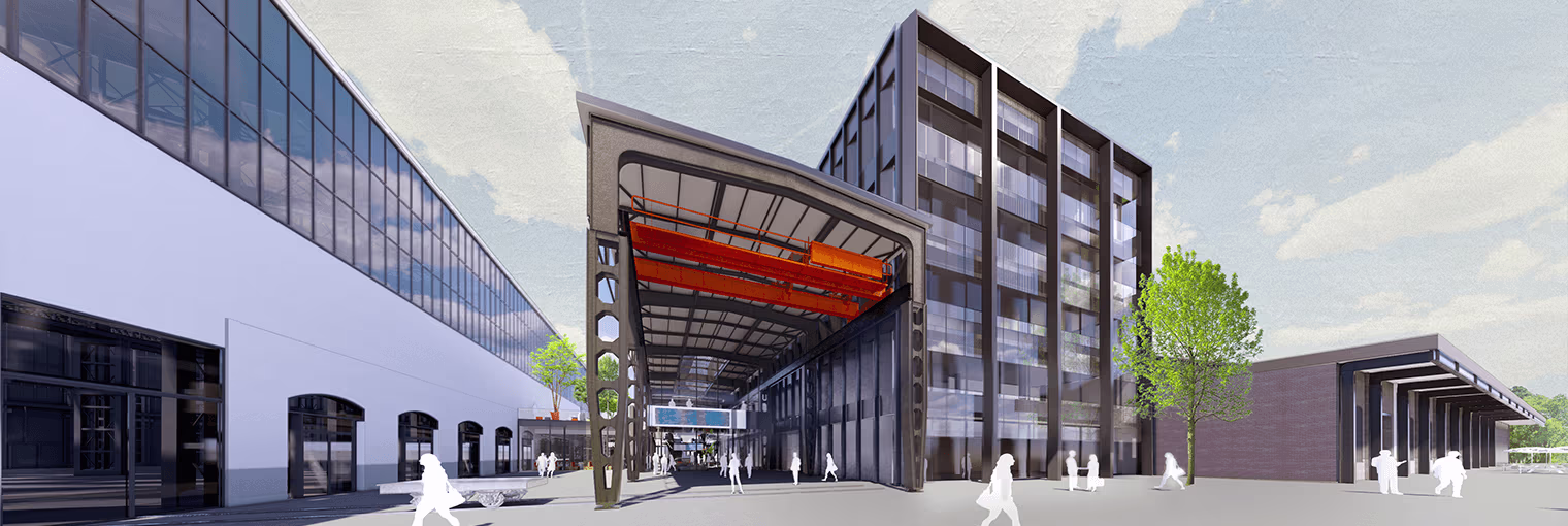 Moderne kantoorgebouwen met glazen gevels rond een centraal plein waar mensen lopen, met bomen en een luifel.