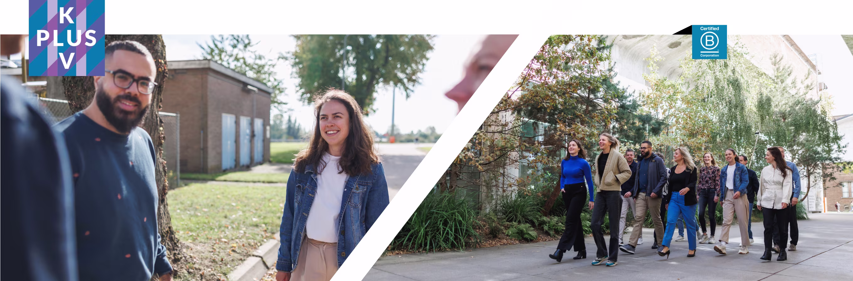 Medewerkers van KplusV lopen samen over een bedrijfsterrein, zowel individueel als in groep, in een groene omgeving.