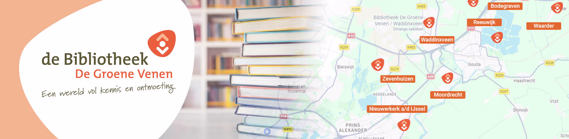 A stack of books bearing the logo of De Groene Venen Library, with a map showing locations in the background.