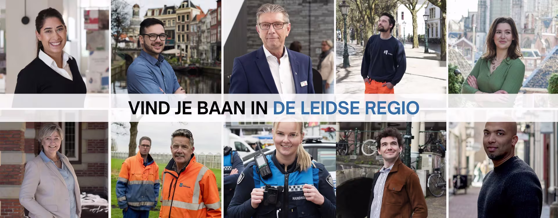Collage van diverse medewerkers van Gemeente Altena in verschillende functies, van kantoorwerk tot handhaving en buitendienst.