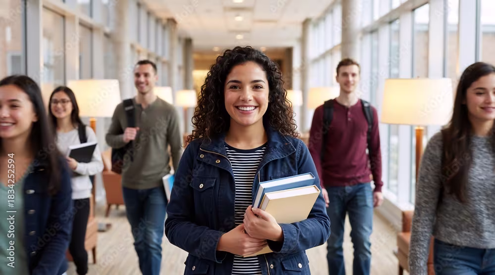 Lachende vrouw met boeken in moderne gang, omringd door andere studenten in een onderwijsomgeving.